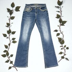 Lamasini Jeans Women’s Size 9 / 28x31 Bootcut Blue Denim Crown Embroidered Bling
